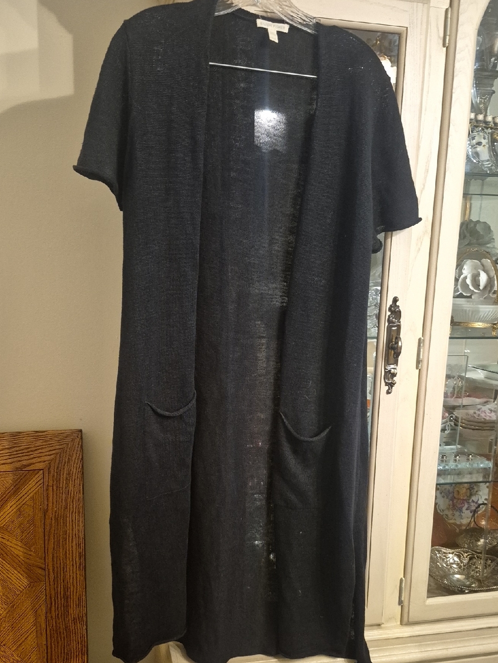 Eileen Fisher Long Open-Front Black Knit Cardigan with Pockets